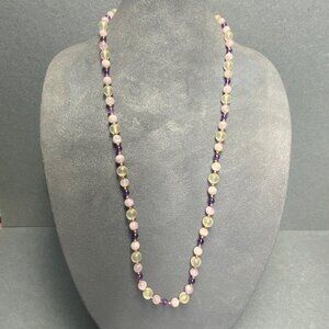 Retro Beaded Necklace 32 In Frosty Pink Purple Translucent Gold Filigree Clasp